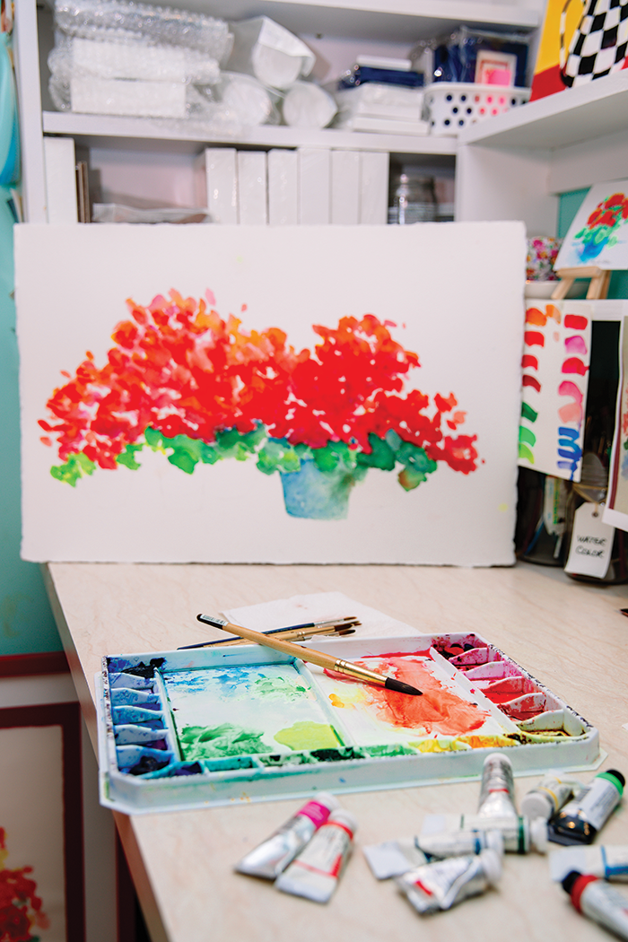 Mary Lou Peters - A work in progress, this geranium painting will soon receive more colors from her palette.