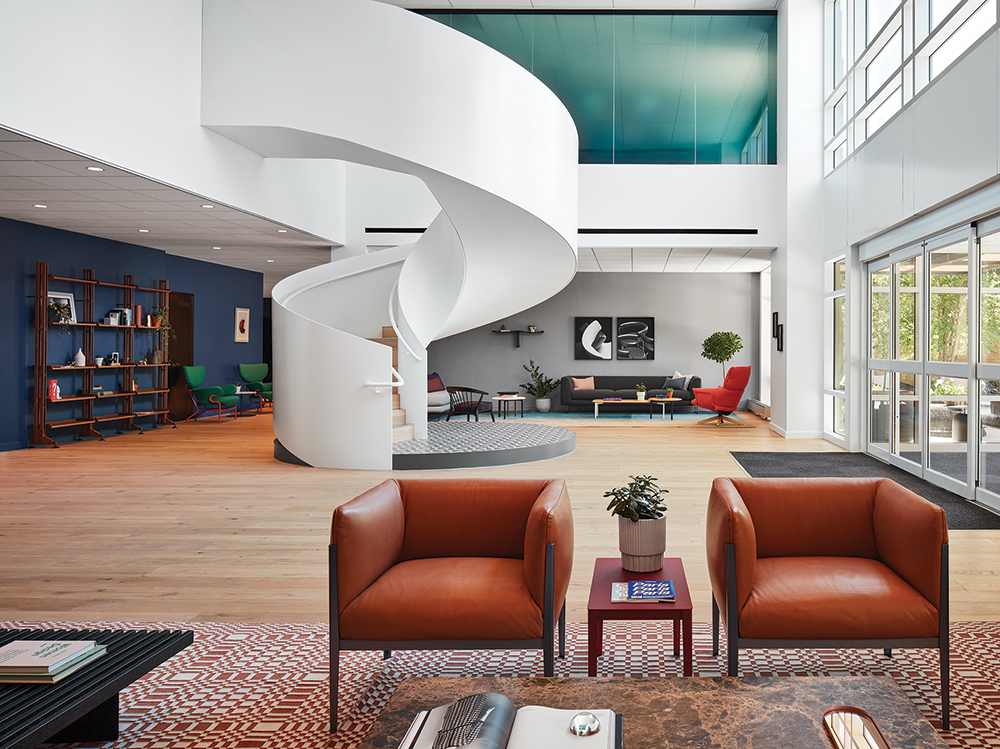 The Haworth Hotel’s spiral staircase is the lobby’s focal point.